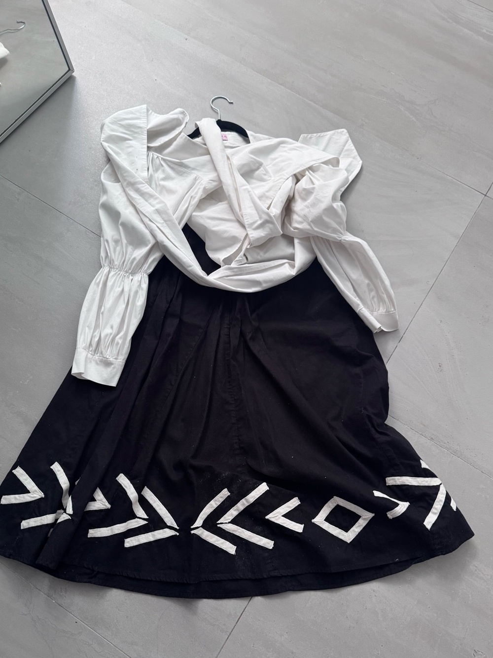 High Classic Black Midi Skirt with White Geometric Trim